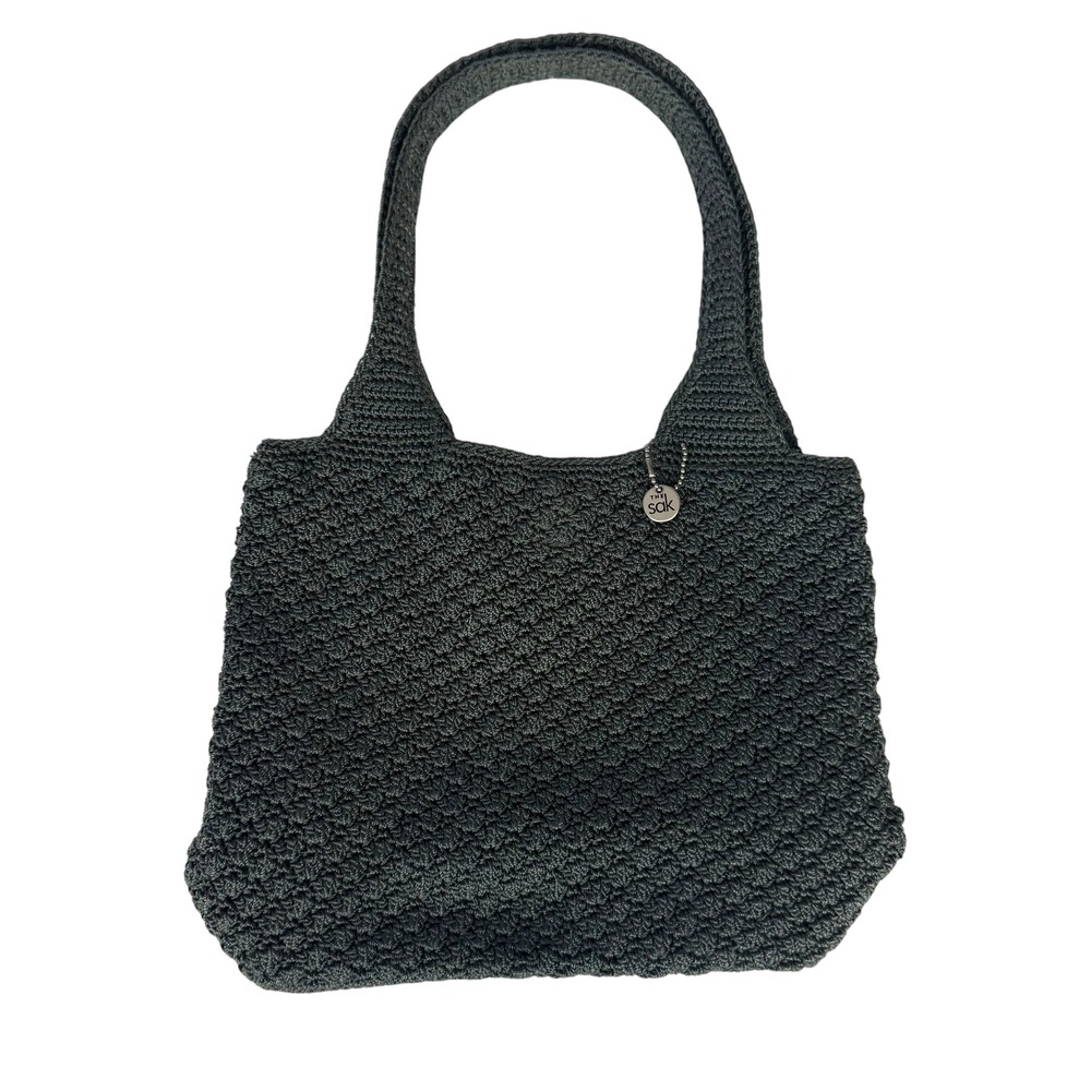 The Sak Crochet Bag Charcoal Gray Woven Tote Magnetic Snap Logo Charm Small